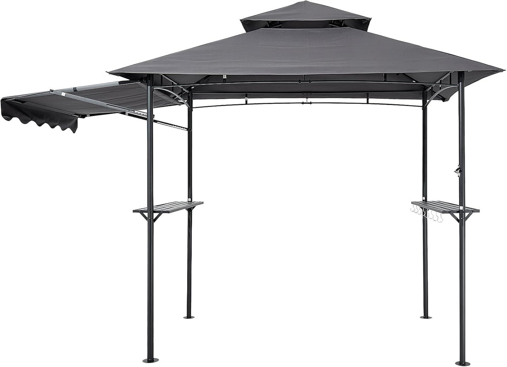 VEVOR Grill Gazebo, 8 x 5 ft Double-Tiered Top, BBQ Gazebo with Extra Awning, Powder-Coated Steel Patio Grill Shelter with 2 Side Shelves, Bottle Opener & Hooks, Outdoor Grilling Canopy for Garden