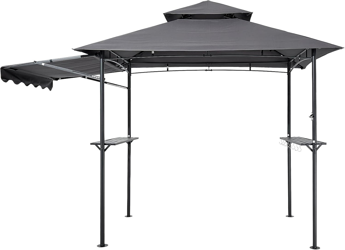 VEVOR Grill Gazebo, 8 x 5 ft Double-Tiered Top, BBQ Gazebo with Extra Awning, Powder-Coated Steel Patio Grill Shelter with 2 Side Shelves, Bottle Opener & Hooks, Outdoor Grilling Canopy for Garden