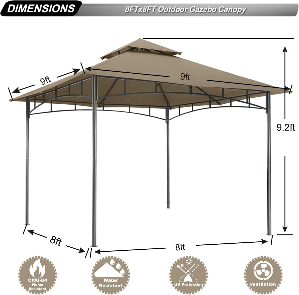 ABCCANOPY Gazebos for Patios 8x8 - Outdoor Steel Frame Gazebo for Lawn Backyard Garden Deck (Khaki)