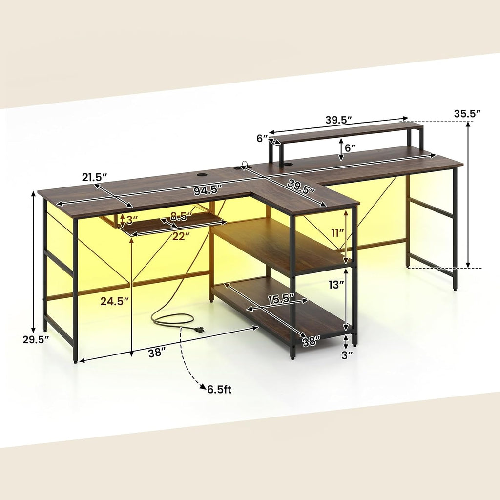 Tangkula 2-Person Reversible Computer Desk with LED Lights, 94.5' Long Office Desk with Power Outlets, Monitor Stand, Keyboard Tray & 2 Storage Shelves, Double Desk for Gaming Working Writing (Walnut)