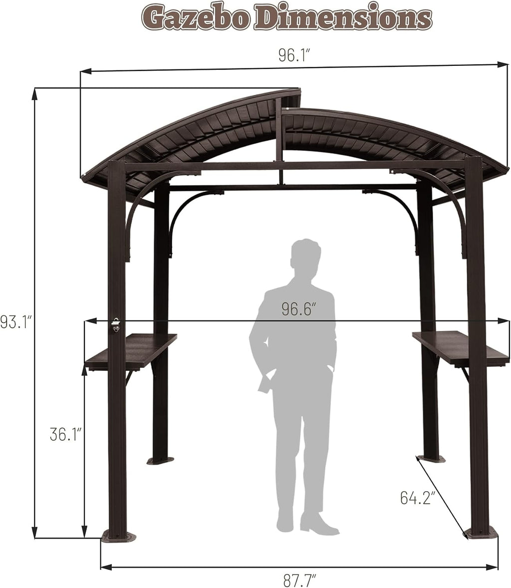 8x5FT Hardtop Grill Gazebo, All-Weather Outdoor Gazebo with 2 Side Shelves and Bottle Opener, Galvanized Steel Double ARC Roof, Outdoor Metal Grill Canopy for Patio, Backyard, Lawn, Deck – Brown