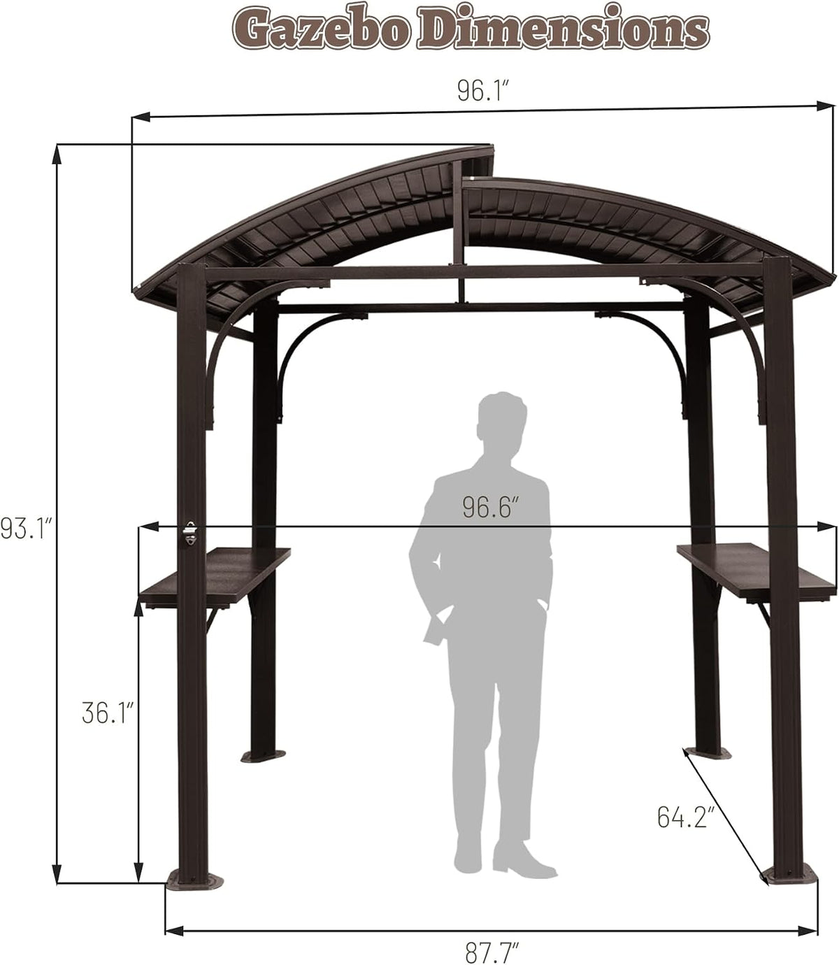8x5FT Hardtop Grill Gazebo, All-Weather Outdoor Gazebo with 2 Side Shelves and Bottle Opener, Galvanized Steel Double ARC Roof, Outdoor Metal Grill Canopy for Patio, Backyard, Lawn, Deck – Brown