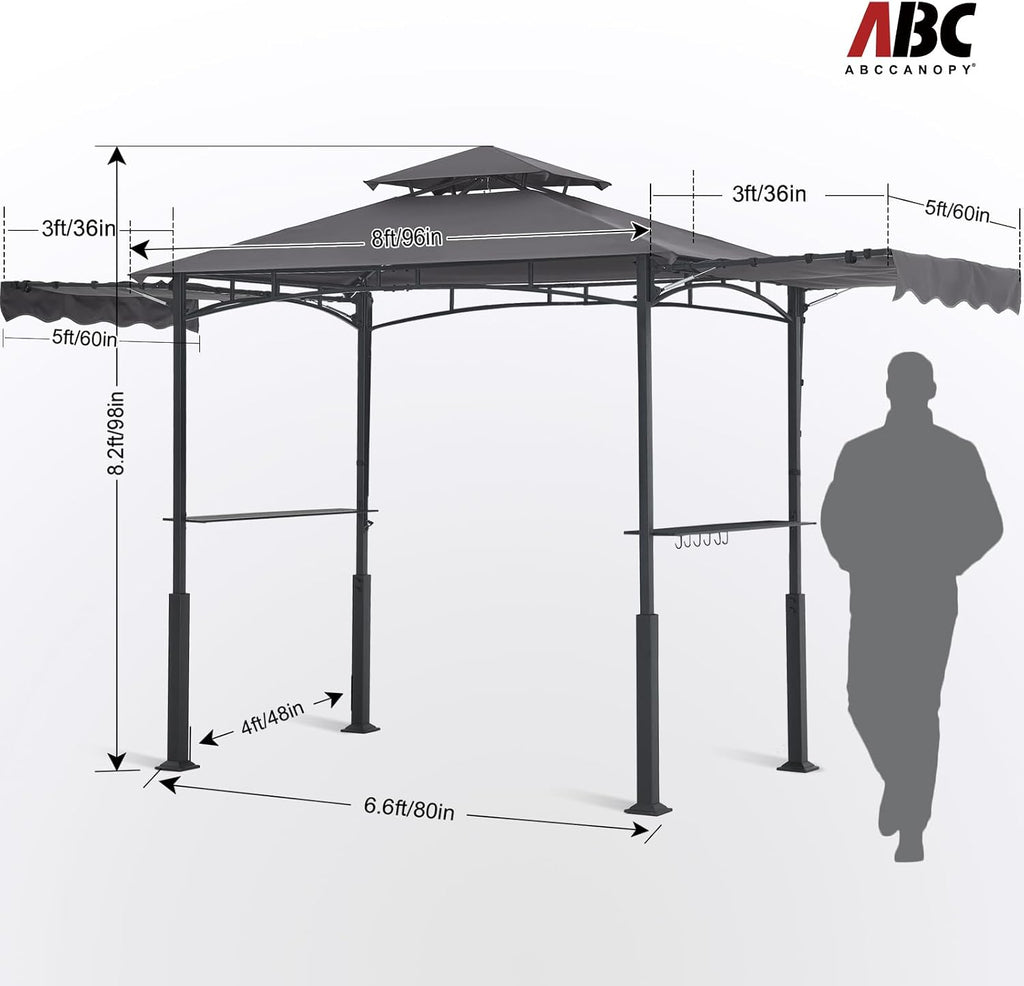 ABCCANOPY Grill Gazebo with 2 Side Awnings - 14x5 Outdoor BBQ Canopy Shelter with 2 Led Lights for Patio Backyard Grilling (Dark Gray)