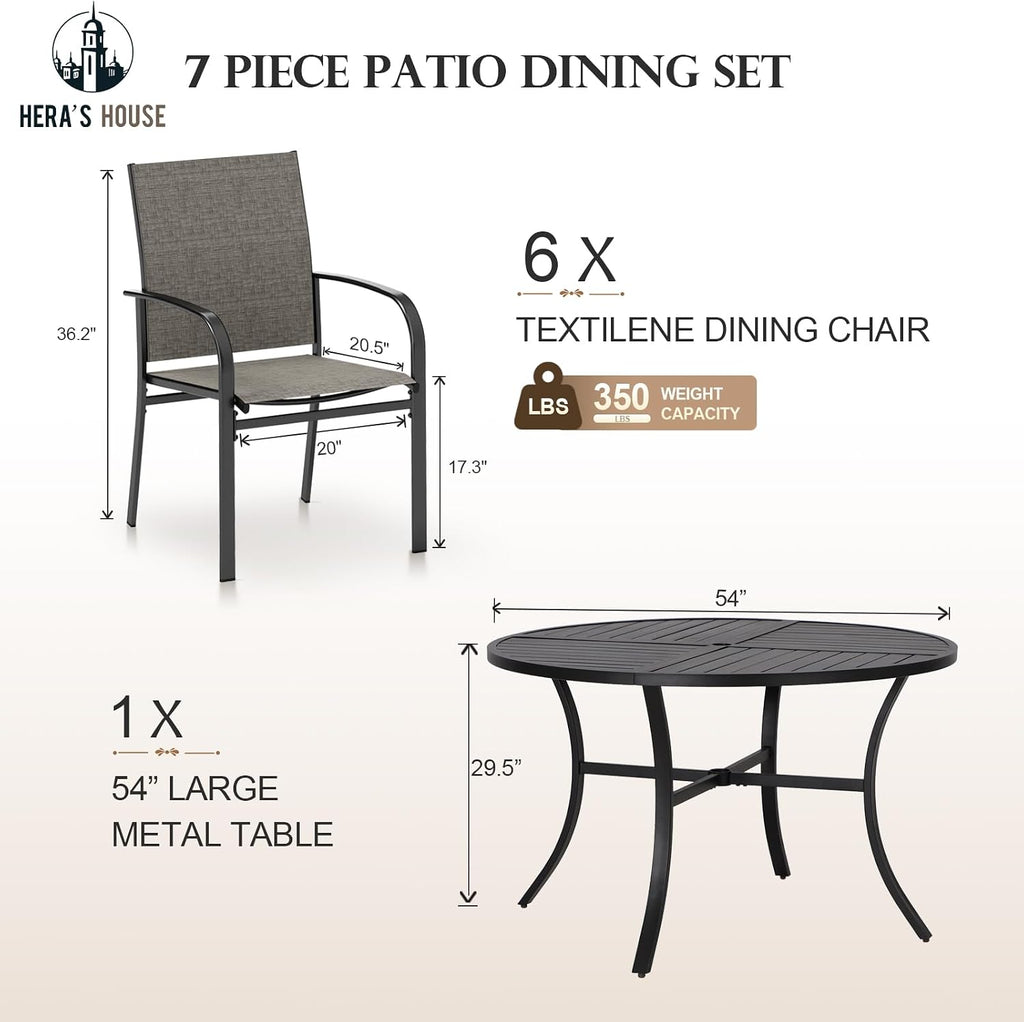 HERA'S HOUSE Round Patio Table and Chairs, 7 Pieces Outdoor Dining Set, All Weather Metal Patio Table Sets with Umbrella Hole, Brown