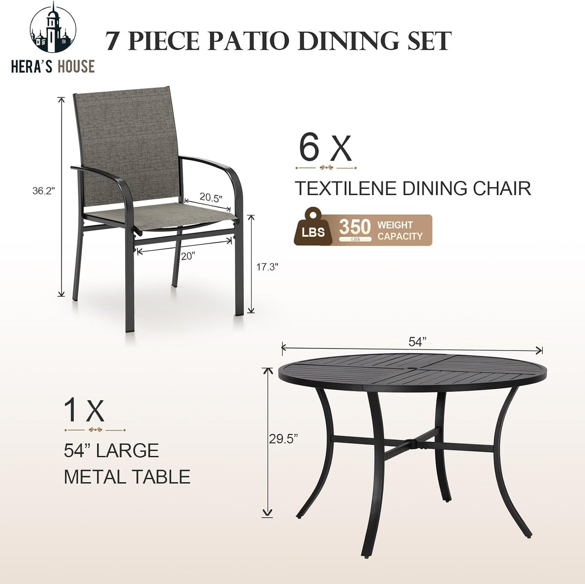 HERA'S HOUSE Round Patio Table and Chairs, 7 Pieces Outdoor Dining Set, All Weather Metal Patio Table Sets with Umbrella Hole, Brown