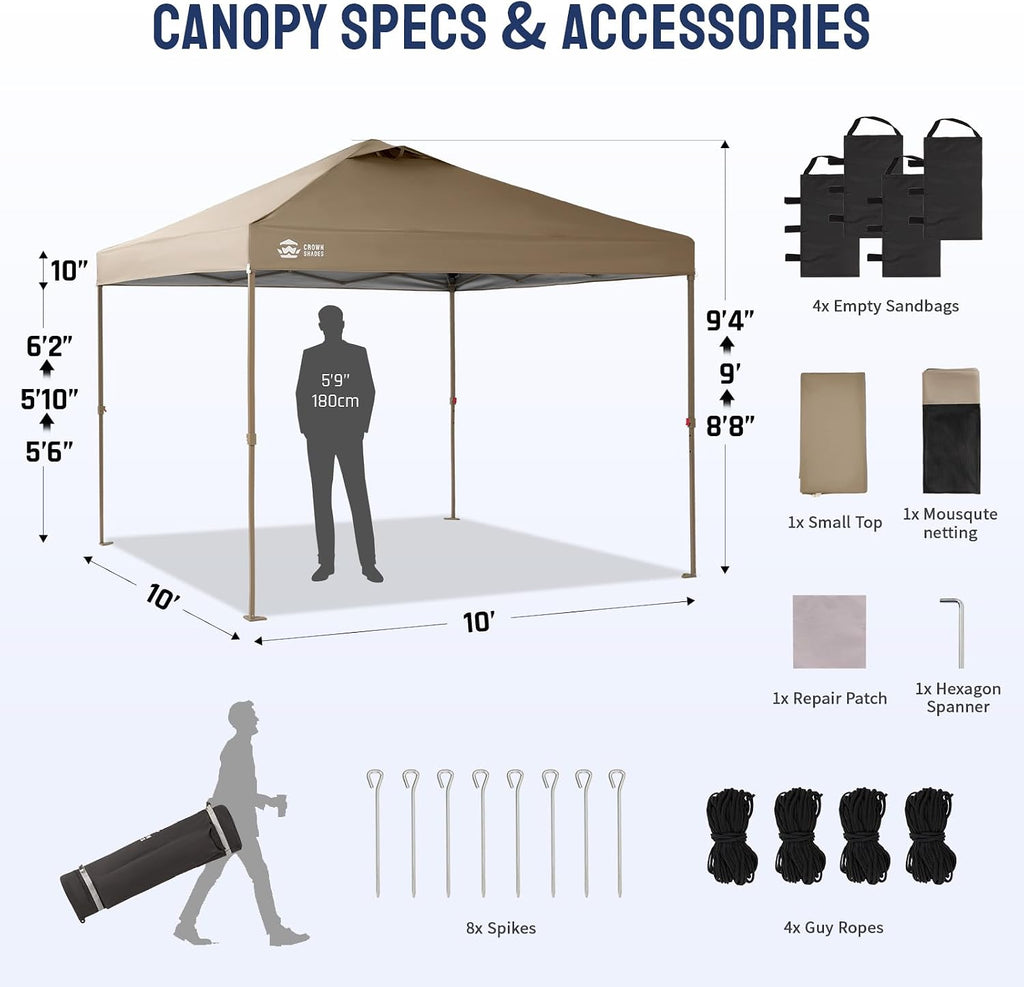 CROWN SHADES Gazebo 10x10 Pop Up Canopy with Mosquito Netting, Screen Tent with 4 Ropes, 8 Stakes, 4 Sandbags and Wheeled Storage Bag, Canopy for Patio & Backyard Parties,Camping&Events -(Beige)