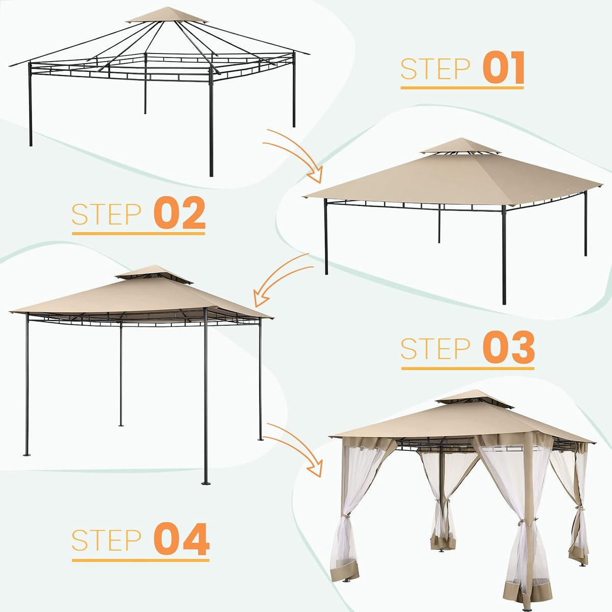 COBIZI Gazebo 10x10 Heavy Duty Gazebos with Improved Nettings Outdoor Gazebo Double Roof Patio Gazebos with Metal Steel Frame Outdoor Canopy for Patio, Deck, Backyard (Khaki)