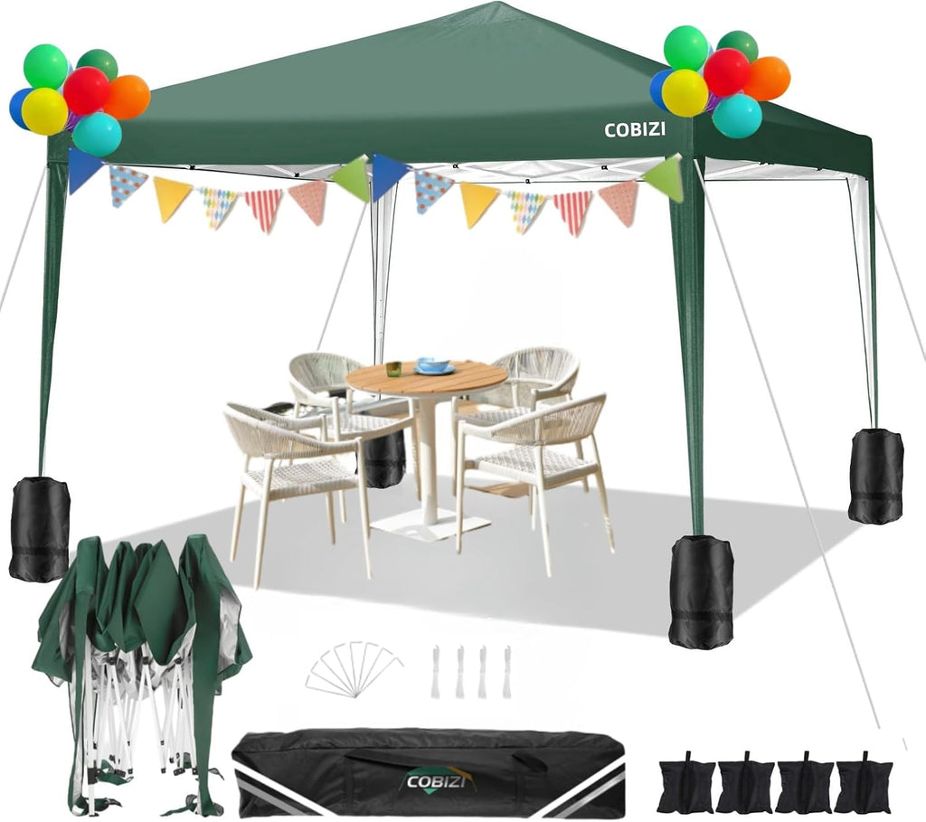 COBIZI 10x10 Pop Up Canopy Tent with 4 Sandbags, Easy Set Up Gazebo, Instant Outdoor Sun Shade &Waterproof Canopy with 8 Stakes,4 Ropes&Carry Bag, Tents for Parties, Beach, Backyard,Camping(Green