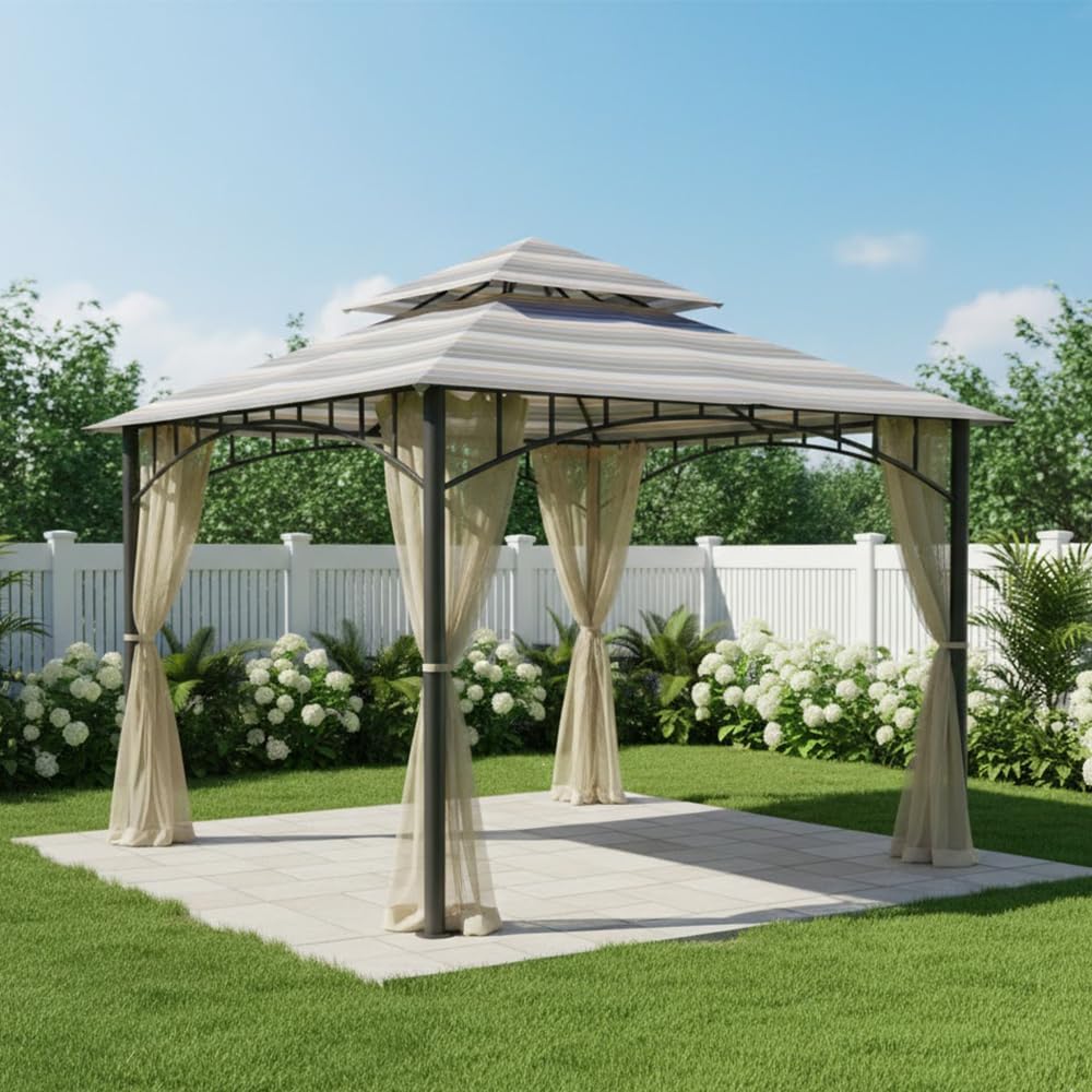 Garden Winds Durable 350 Replacement Canopy Top Compatible with Madaga 10' x 10' Gazebo Models L-GZ136PST, L-GZ136PST-7, L-GZ136PST-2 - Stripe Stone
