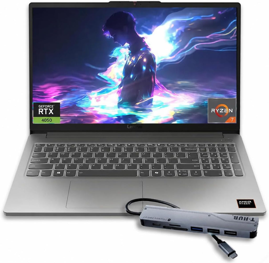 Lenovo LOQ Gaming Laptop, 15.6' FHD 144Hz Display, Ryzen 7 7735HS, GeForce RTX 4050, 16GB DDR5 RAM, 512GB SSD, Wi-Fi 6, Bundle with Thunderobot 7 in-1 USB-C Hub, Win11 Home, Grey