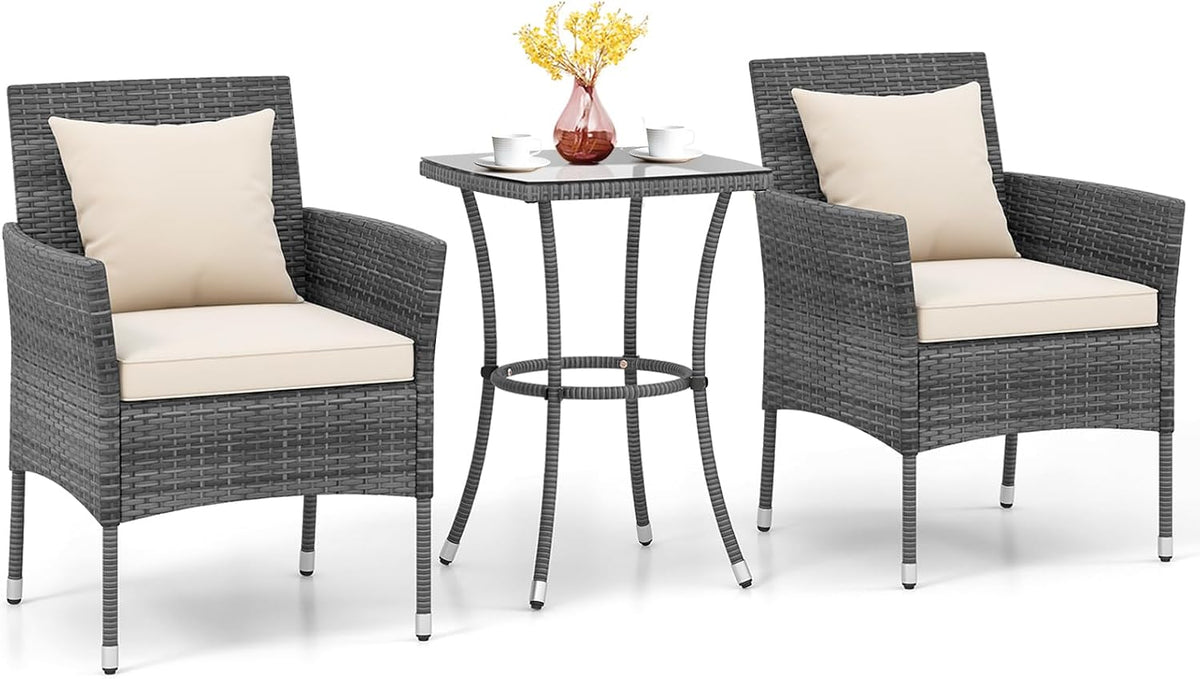 KOTEK 3 Pieces Patio Furniture Set, PE Rattan Outdoor Conversation Set with Tempered Glass Table & Soft Cushions, Wicker Bistro Set for Garden, Porch, Balcony (Off White)
