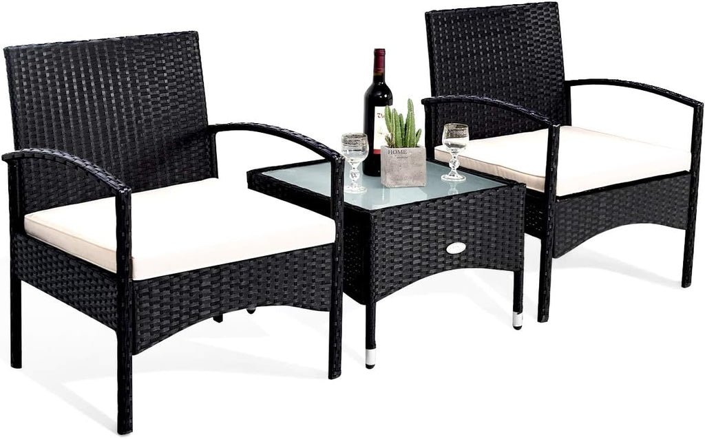 Tangkula 3 PCS Patio Wicker Rattan Furniture Set, Rattan Chair with Coffee Table, High Load Bearing Chair Conversation Sets for Patio Garden Lawn Backyard Pool (Black)