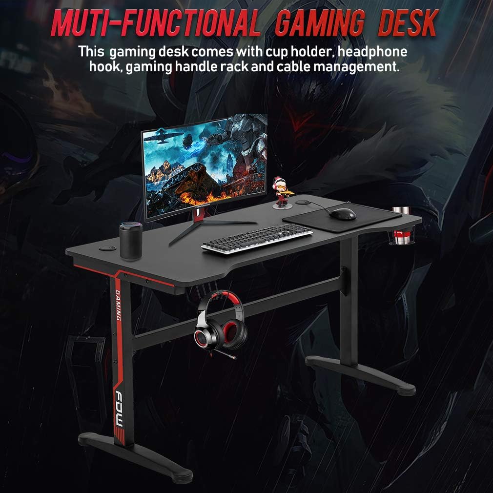 BestOffice Gaming Desk Computer Desk Home Office Desk Extra Large Modern Ergonomic PC Carbon Fiber Writing Desk Table with Cup Holder Headphone Hook