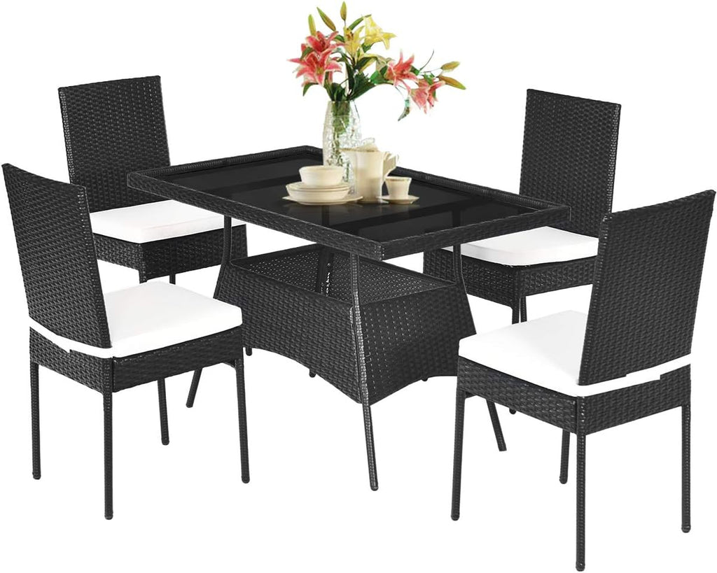 Tangkula 5 Piece Wicker Patio Dining Set, Outdoor Rattan Table & Chairs Set with Tempered Glass Top & Padded Cushions, Patio Furniture Dining Table Set for Balcony Patio Garden Poolside