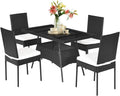 Tangkula 5 Piece Wicker Patio Dining Set, Outdoor Rattan Table & Chairs Set with Tempered Glass Top & Padded Cushions, Patio Furniture Dining Table Set for Balcony Patio Garden Poolside