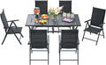 BUPPLEE 7-Piece Outdoor Dining Set with 6 Padded Aluminum Foldable Chairs & Rectangular Table with Umbrella Hole - Patio Furniture for Backyard, Balcony, Poolside