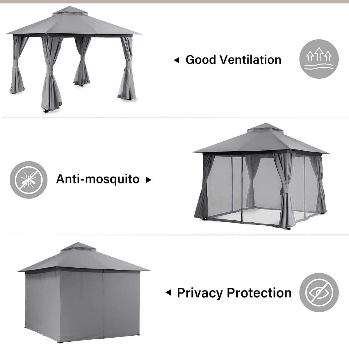 LAUSAINT HOME 10'x10' Outdoor Gazebo, Metal Frame Heavy Duty Patio Canopy Tent Shelter with Double Roofs, Mosquito Nettings and Privacy Screens for Backyard, Garden, Lawn, Gray