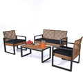 BEEFURNI Wicker Patio Furniture Outdoor Conversation Set of 4, Rattan Outdoor Furniture Set, Acacia Wood Table, 2 Chairs, 1 Loveseat, 2' Cushions, All Weather Set for Patio, Porch, Balcony (Brown)