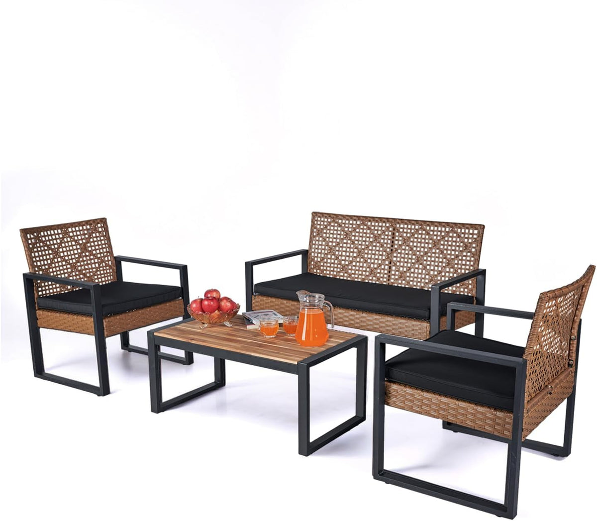 BEEFURNI Wicker Patio Furniture Outdoor Conversation Set of 4, Rattan Outdoor Furniture Set, Acacia Wood Table, 2 Chairs, 1 Loveseat, 2' Cushions, All Weather Set for Patio, Porch, Balcony (Brown)