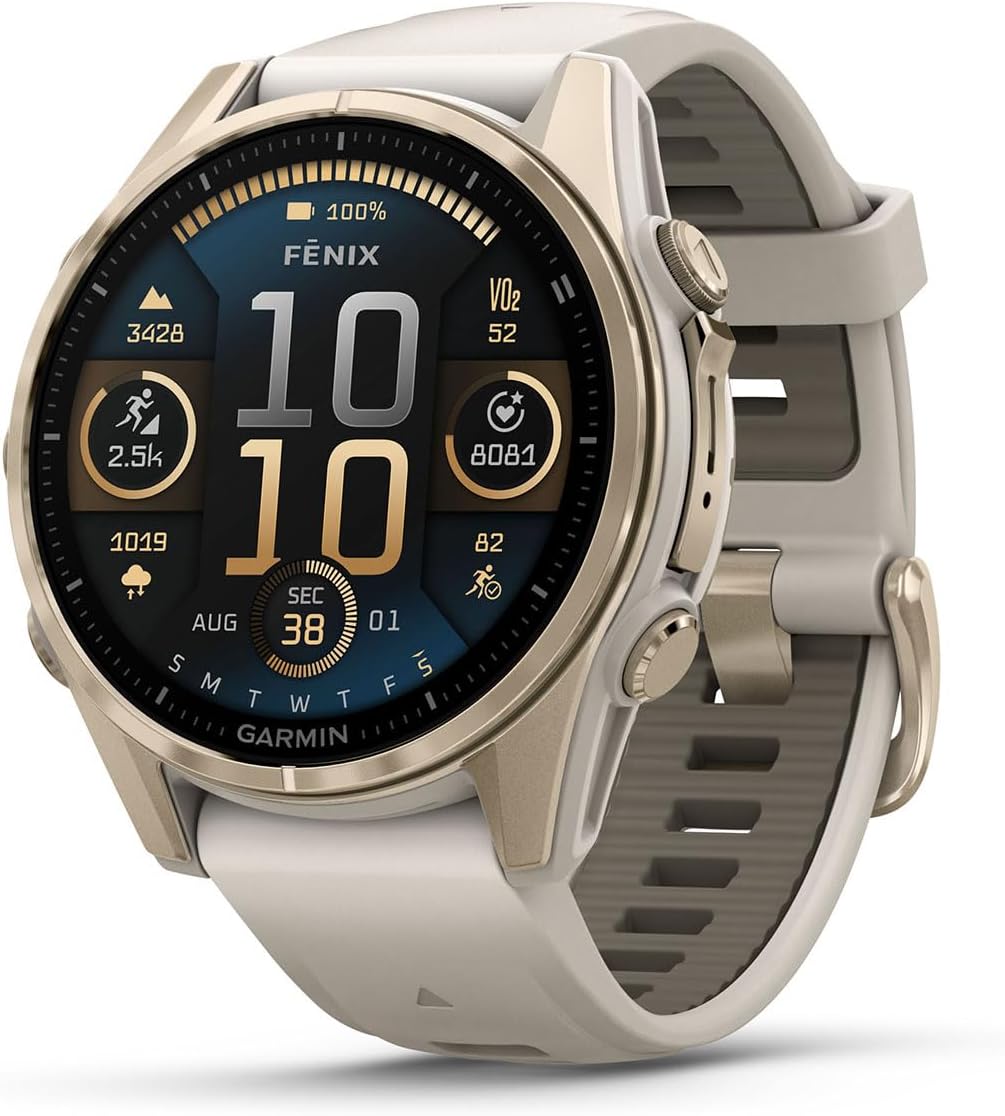 PlayBetter Garmin Fenix 8 AMOLED Sapphire (43mm, Soft Gold/Dark Sandstone) Multisport GPS Smartwatch Bundle - 1.3' Touchscreen, Built-in LED Flashlight Portable Charger & Screen Protectors
