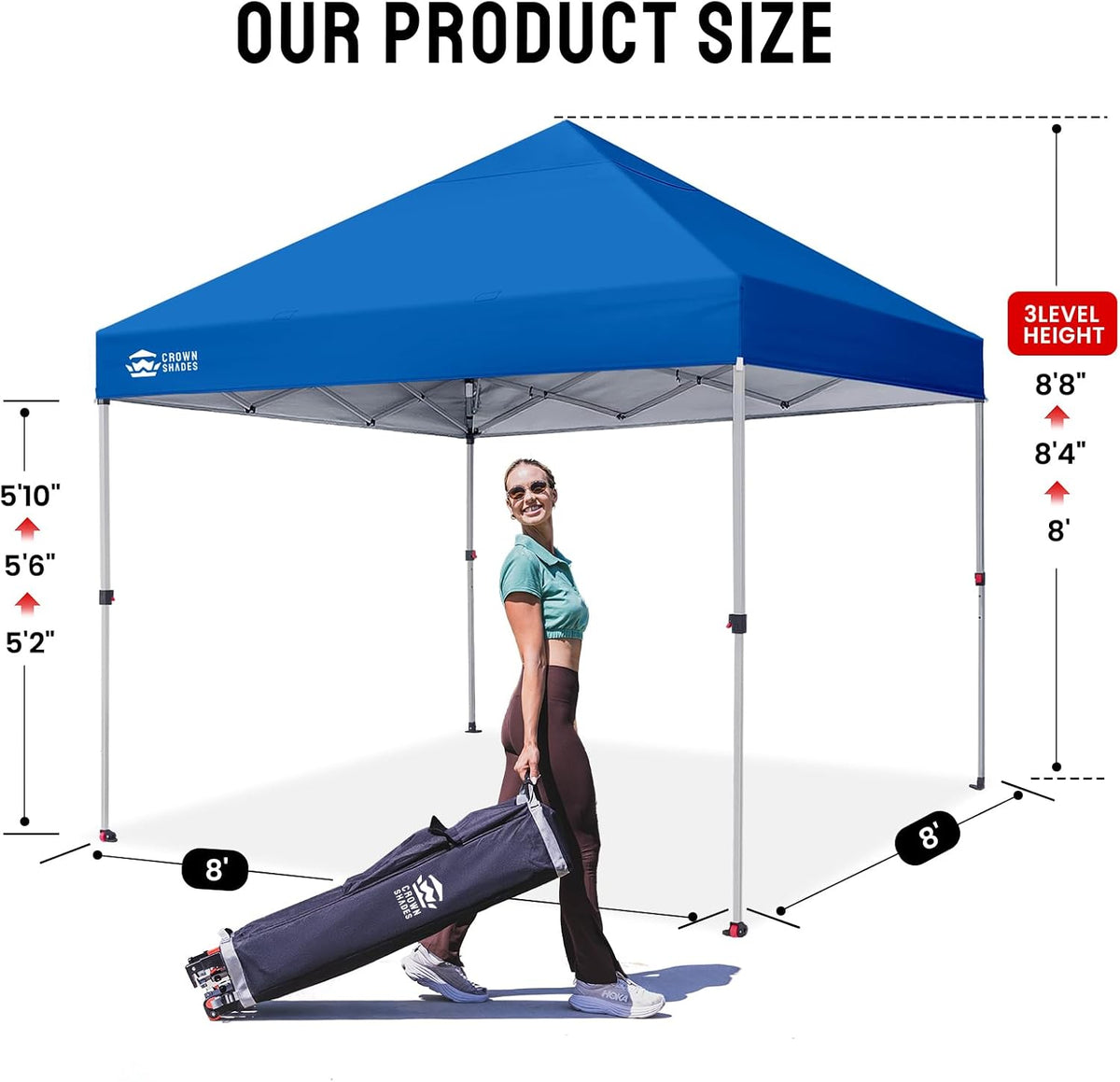 CROWN SHADES 8x8 Pop Up Canopy - Beach Tent with One Push Setup - Easy Outdoor Sun Shade for Events, Parties, Camping - Gazebo with STO-N-Go Cover Bag, Silver Coated Top, Blue