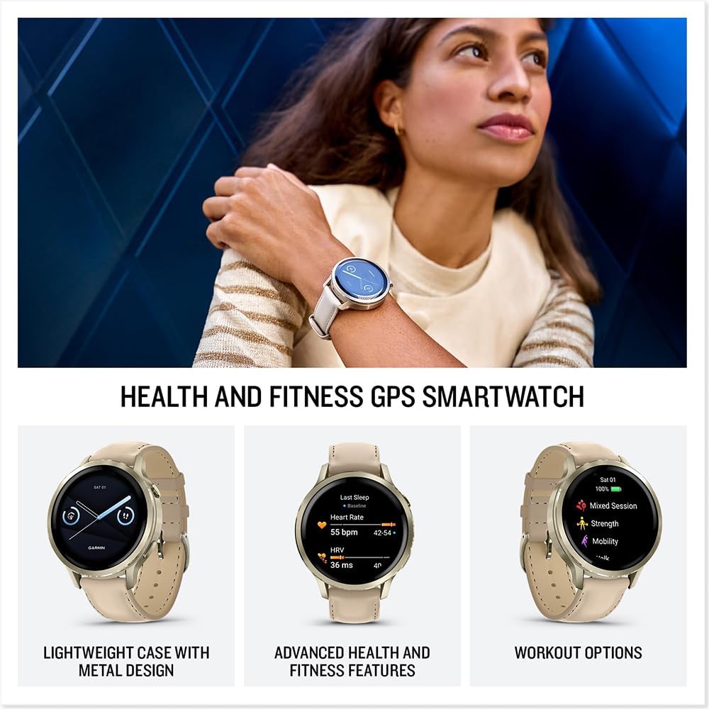 Garmin 010-03013-03 Venu 4, 41mm Smartwatch, Lunar Gold with Bone Band and Light Sand Leather Band Bundle with Deco Essentials Exclusive 26 Month CPS Enhanced Protection Pack