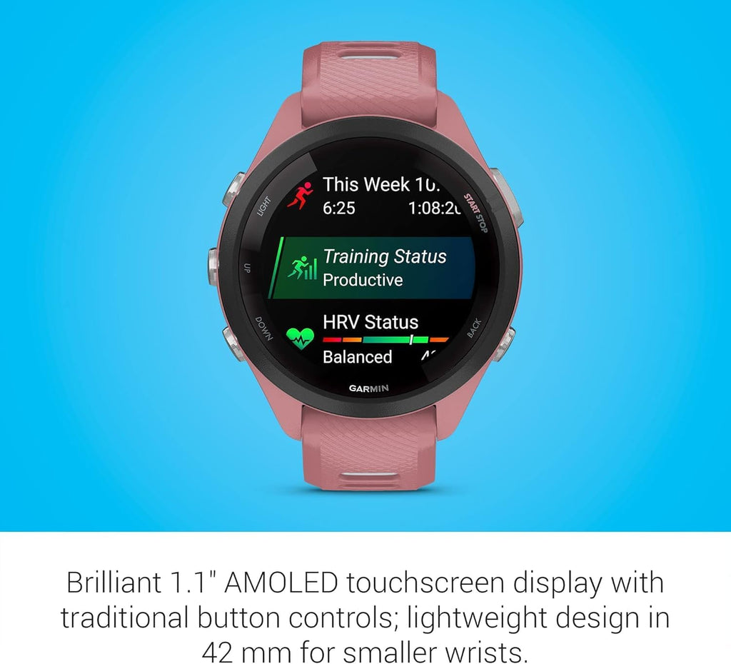 Garmin Forerunner 265S Running Smartwatch, Colorful AMOLED Display, Training Metrics and Recovery Insights, Light Pink and Powder Gray (Renewed)