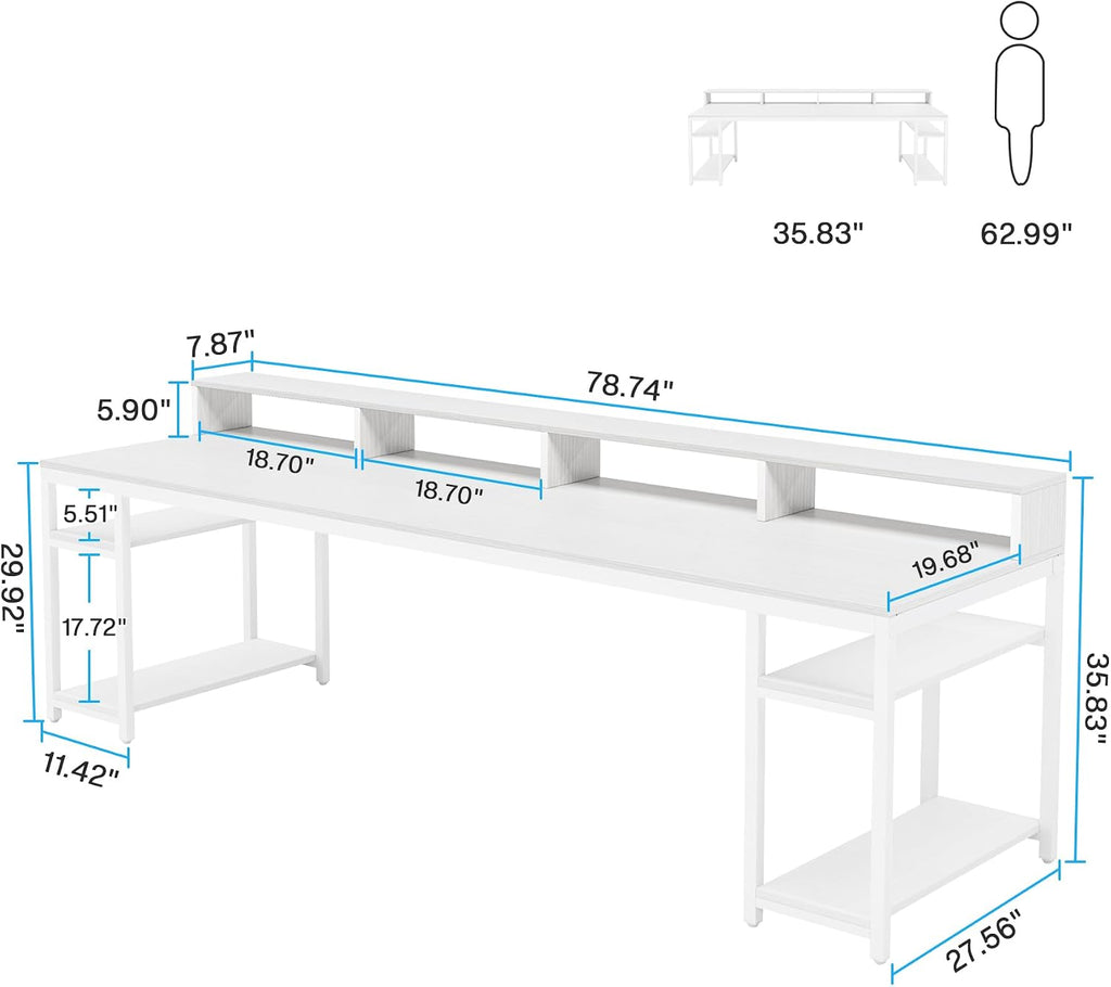 Tribesigns Two Person Desk with Monitor Stand, 78.74' Long Double Computer Office Desk with Storage Shelves, Large Gaming Desk Study Writing Table Workstation for Home Office (White)