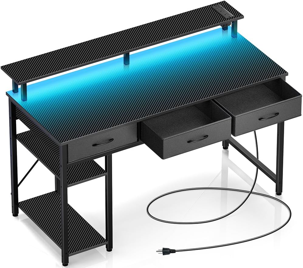 Rolanstar Computer Desk with Power Outlets & LED Light, 55 inch Home Office Desk with 3 Drawers and Storage Shelves, Writing Desk with Monitor Stand, Modern Work Desk for Home Office, Carbon Black