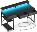 Rolanstar Computer Desk with Power Outlets & LED Light, 55 inch Home Office Desk with 3 Drawers and Storage Shelves, Writing Desk with Monitor Stand, Modern Work Desk for Home Office, Carbon Black