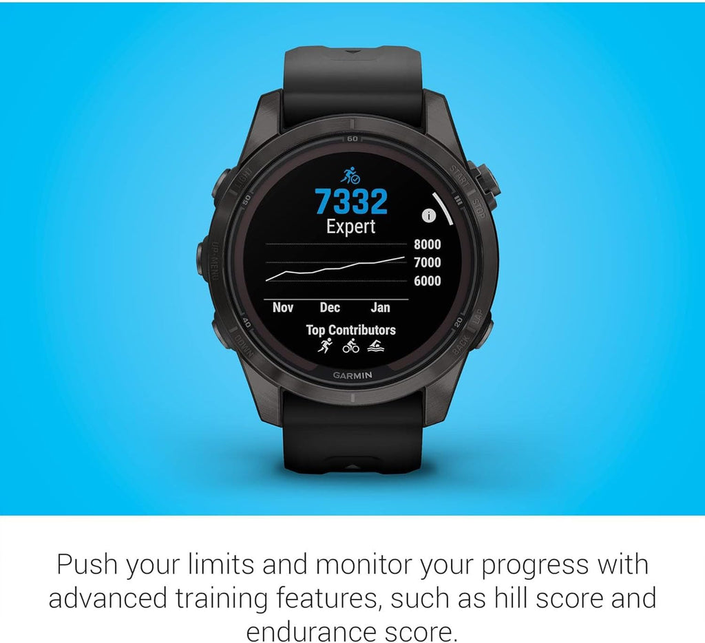 Garmin Fenix 7S Pro Solar, Sapphire, Carbon Gray DLC Titanium, Black Bundle with 2 Year Enhanced Protection Pack