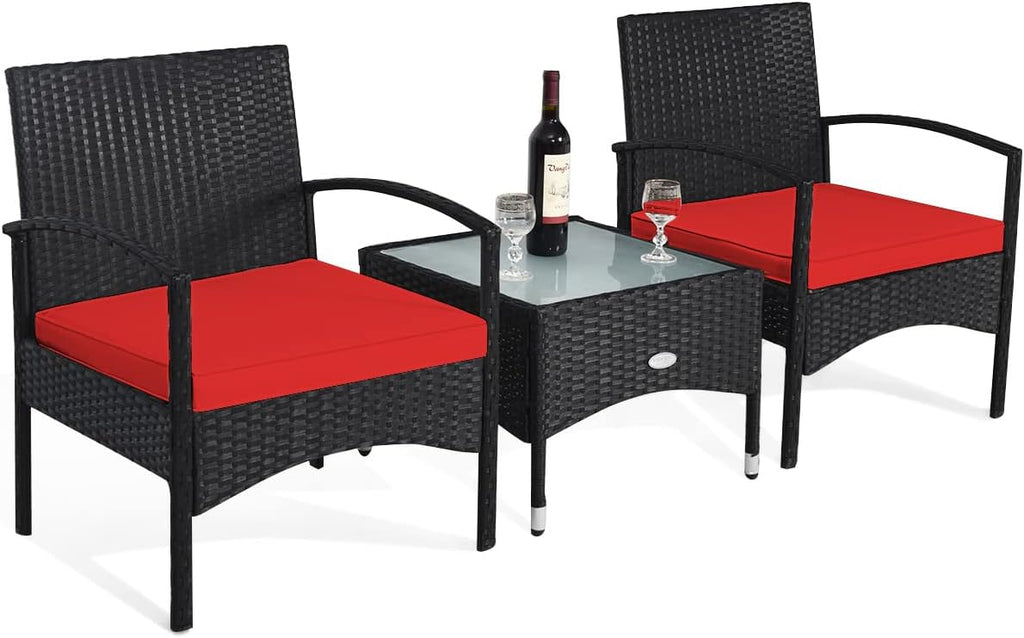 Tangkula 3 Pieces Patio Wicker Rattan Furniture Set, Rattan Chair with Coffee Table, High Load Bearing Chair Conversation Sets for Patio Garden Lawn Backyard Pool
