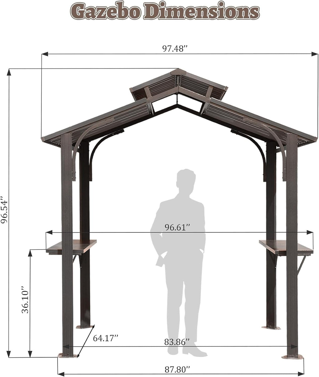 8x5FT Grill Gazebo, Outdoor Hardtop Metal Gazebo with 2 Side Shelves and Ceiling Hooks, Galvanized Steel Double Roof, All-Weather Hard Top Grill Canopy for Patio, Backyard, Lawn, Deck – Brown