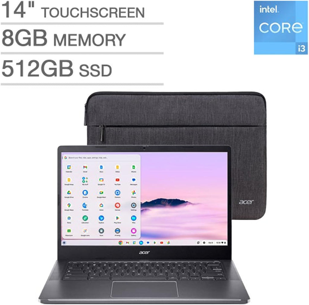 Acer Chromebook Plus 14' FHD Touchscreen Laptop, Intel Core i3-N305 8-Core, Intel UHD Graphics, 8GB LPDDR5 RAM 512GB SSD, WiFi 6E, FHD Camera, Chrome OS, Google AI, Mouse, Protective Sleeve Included