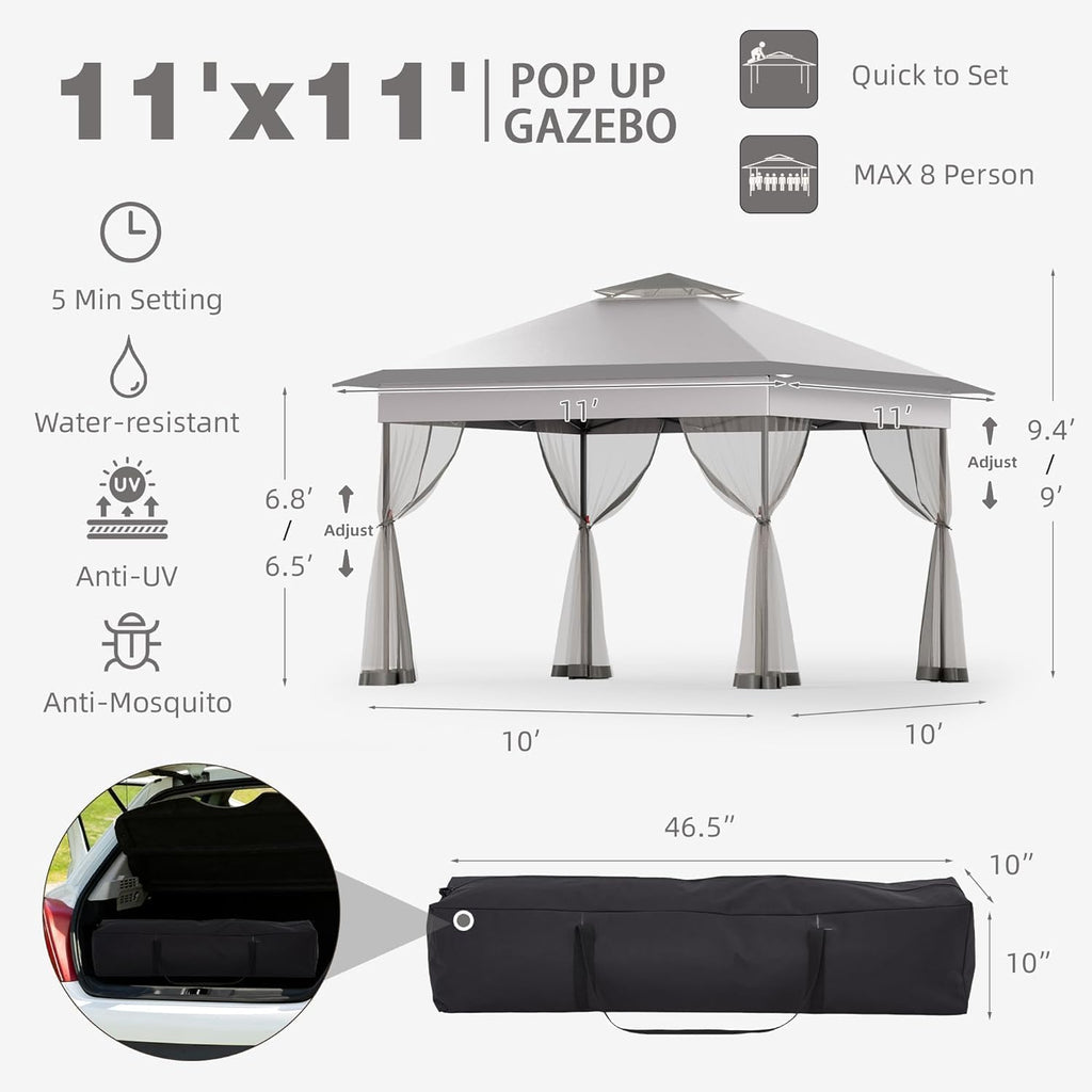 Bezseller 11x11 Pop Up Gazebo with Mosquito Netting, Easy 1-Person Setup Outdoor Canopy, Water-Resistant Portable Shelter for Patio, Backyard & Garden, UV Protection, Light Grey
