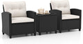 HAPPYGRILL 3 Pieces Wicker Patio Conversation Set, PE Rattan Bistro Sofa Set with Tempered Glass Coffee Table, Washable Cushions, Outdoor Furniture Set for Garden Poolside Balcony (Off White)