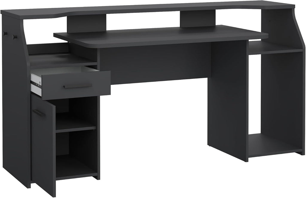 Tvilum Function Plus Computer Gaming Desk with Storage Shelves, Drawer and Monitor Riser, Black Color Finish