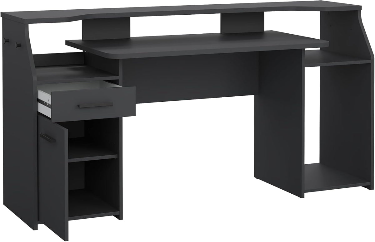 Tvilum Function Plus Computer Gaming Desk with Storage Shelves, Drawer and Monitor Riser, Black Color Finish