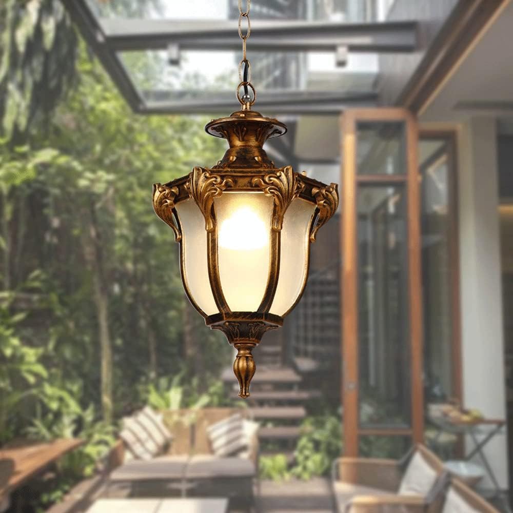 Chandelier Outdoor Aluminum Hanging Lantern, Waterproof Glass Chandelier, Corridor Courtyard Decoration Ceiling Aisle Villa Garden Pavilion Grapee Light/Brass/18.5 * 31.5Cm
