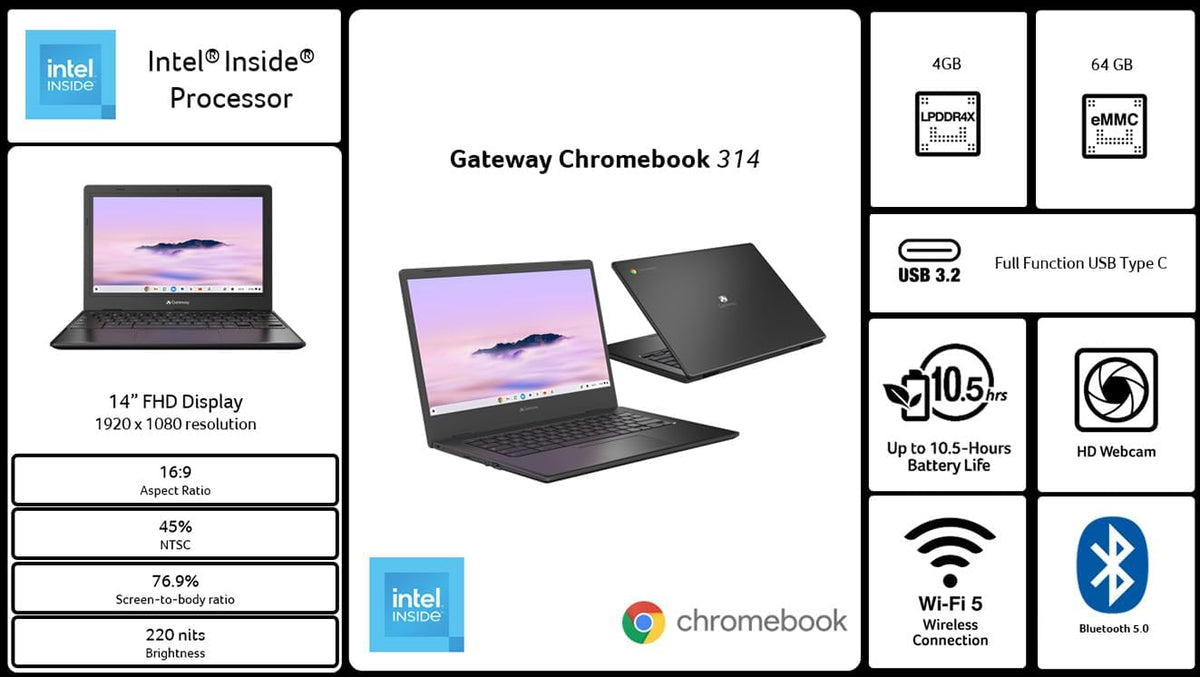 acer Gateway Chromebook 314 CBO314-1H-C476 Laptop | Intel Celeron N4500 | 14' Full HD (1920 x 1080) Display | 4GB LPDDR4X | 64GB eMMC | Wi-Fi 5 802.11ac | Chrome OS | Star Black