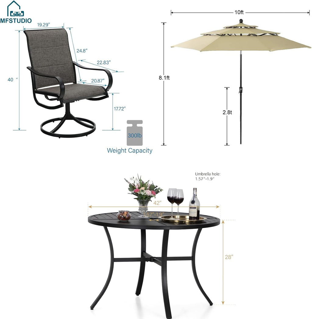 MFSTUDIO Patio Dining Set for 4, Outdoor Furniture Set with Beige Umbrella (Base not Included), 42' Round Table and 4 Swivel Chairs for Patio, Deck, Backyard, Garden