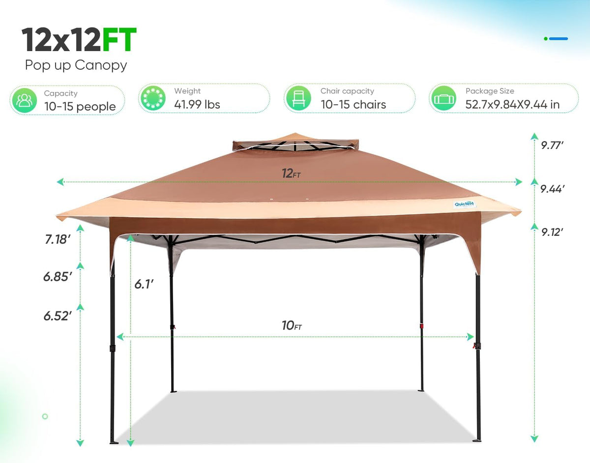 Quictent 12'x12' Pop up Gazebo Canopy Tent, One Person Set up Portable Instant Folding Shelter, Outdoor Canopy Tent with Extra Shade for Backyard, Patio, Party