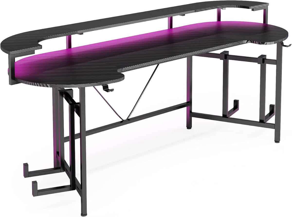 Tribesigns 75 Inch Gaming Desk with Monitor Shelf, Large PC Computer Desk with LED Lights, Gaming Table Gamer Desk for Bedroom, Home Office, Black