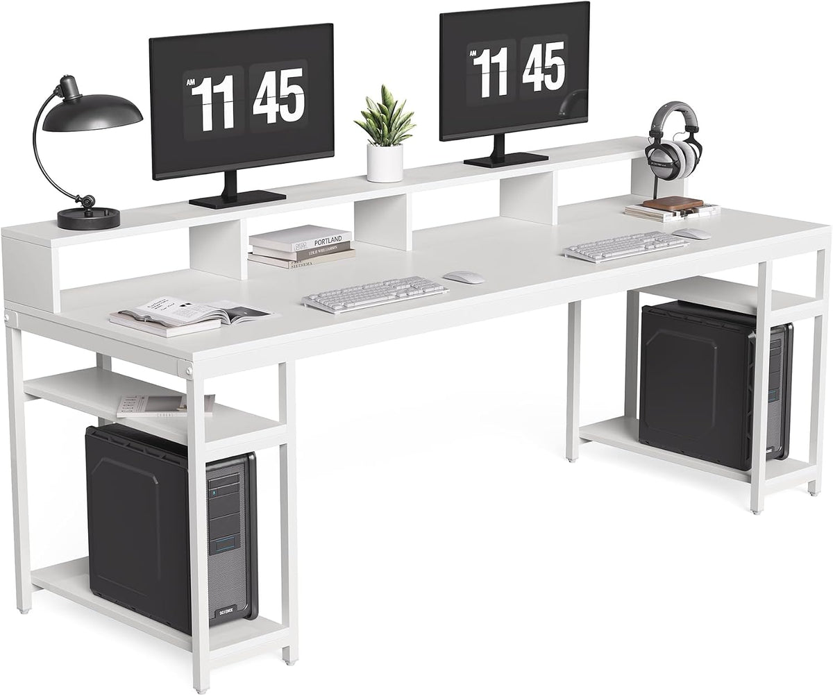 LITTLE TREE 78-Inch Double Desk with Storage Shelves, 2-Person Gaming Desk for Home Office, Long Desk with Monitor Stand (White)