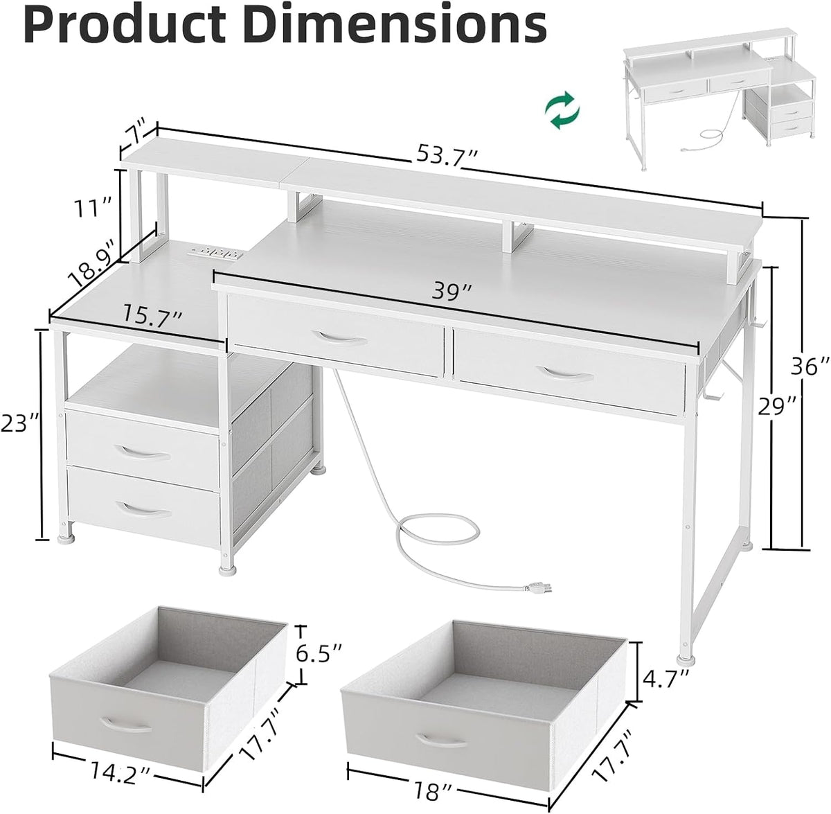 MUTUN 53' Computer Desk with 4 Drawers & Power Outlets, Reversible Home Office Desk with Monitor Stand & Printer Stand, Gaming Desk with Led Lights, Study Writing Work Desk Table for Bedroom (White)