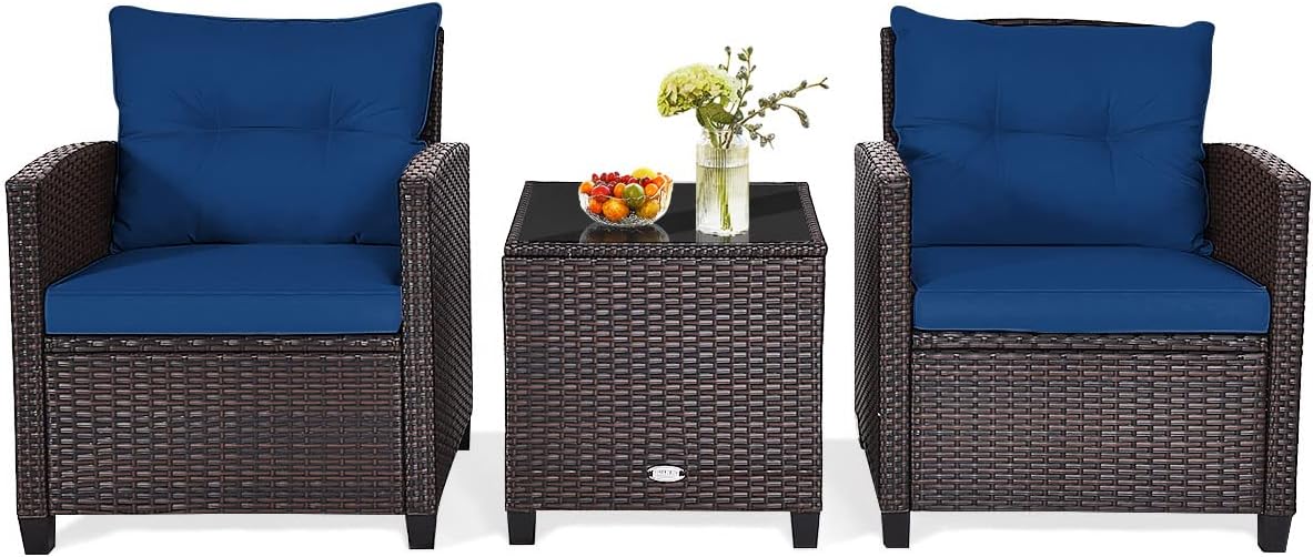 HAPPYGRILL 3 Pieces Patio Conversation Set, Outdoor Furniture Set PE Rattan Sofa Set with Removable Cushions, PE Wicker Chairs with Tempered Glass Side Table for Porch Lawn Garden Balcony Backyard