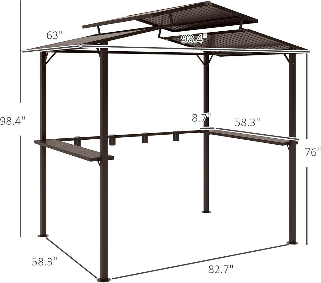 Outsunny 8' x 5' Hardtop Grill Gazebo with Double Metal Roof, 2 Side Shelves and 4 Cup Holders, Outdoor BBQ Gazebo, Grill Canopy for Patio Backyard Lawn Deck