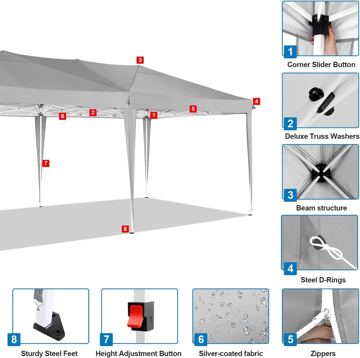 COBIZI 10x20 Pop Up Canopy Tent with 6 Sidewalls Easy Pop Up Tent 10x20 Waterproof Commercial Instant Shelter UPF 50+ Portable Gazebo Wedding Tents for Parties Carport Vender Events, Gray