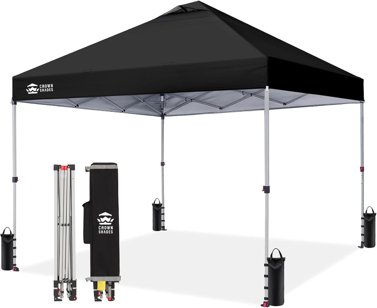 CROWN SHADES 10x10 Pop Up Canopy - Beach Tent with One Push Setup - Easy Outdoor Sun Shade for Events, Parties, Camping - Gazebo with STO-N-Go Cover Bag, Silver Coated Top, Black