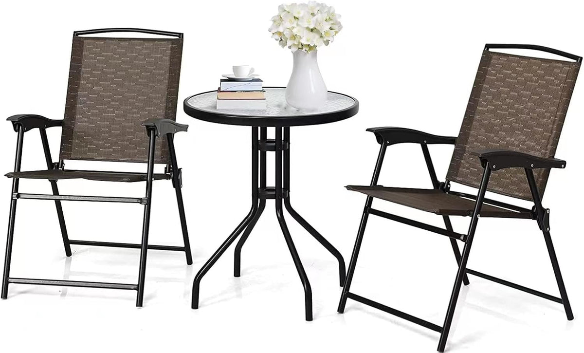 LDAILY LUARANE 3 Piece Patio Bistro Set, Outdoor Table and Chairs Set, 2 Folding Chairs & Coffee Table w/Textured Glass Tabletop, Small Patio Furniture Set for Balcony, Front Porch, Backyard & Garden